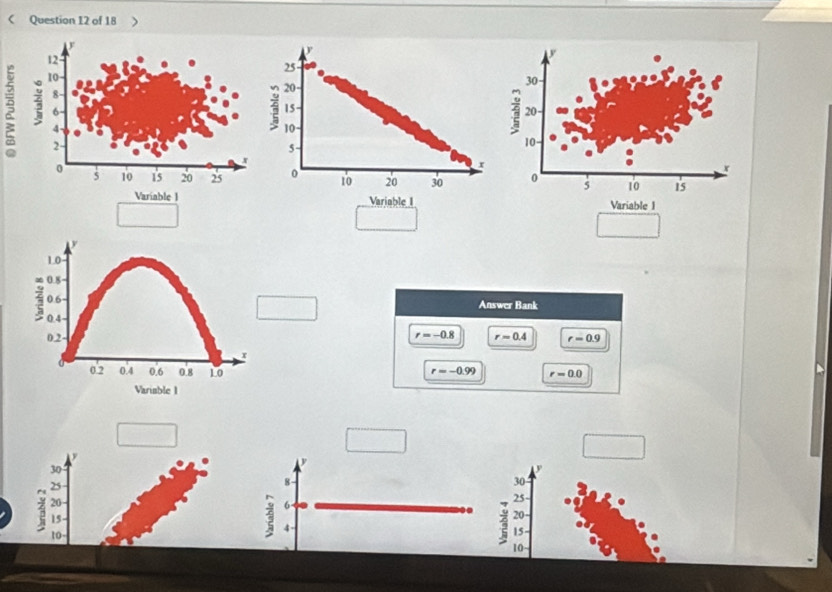 25
20 -
15
10

5
r
0 10 20 30
Variable I
1.0
0.8
0.6 - Answer Bank
0.4
r=-0.8 r=0.4
0.2 r=0.9
x
0 0.2 0.4 0.6 0.8 10 r=-0.99 r=0.0
Variable 1 
F
30
25
8
30
20
25 -
15
20
15
to- 10~