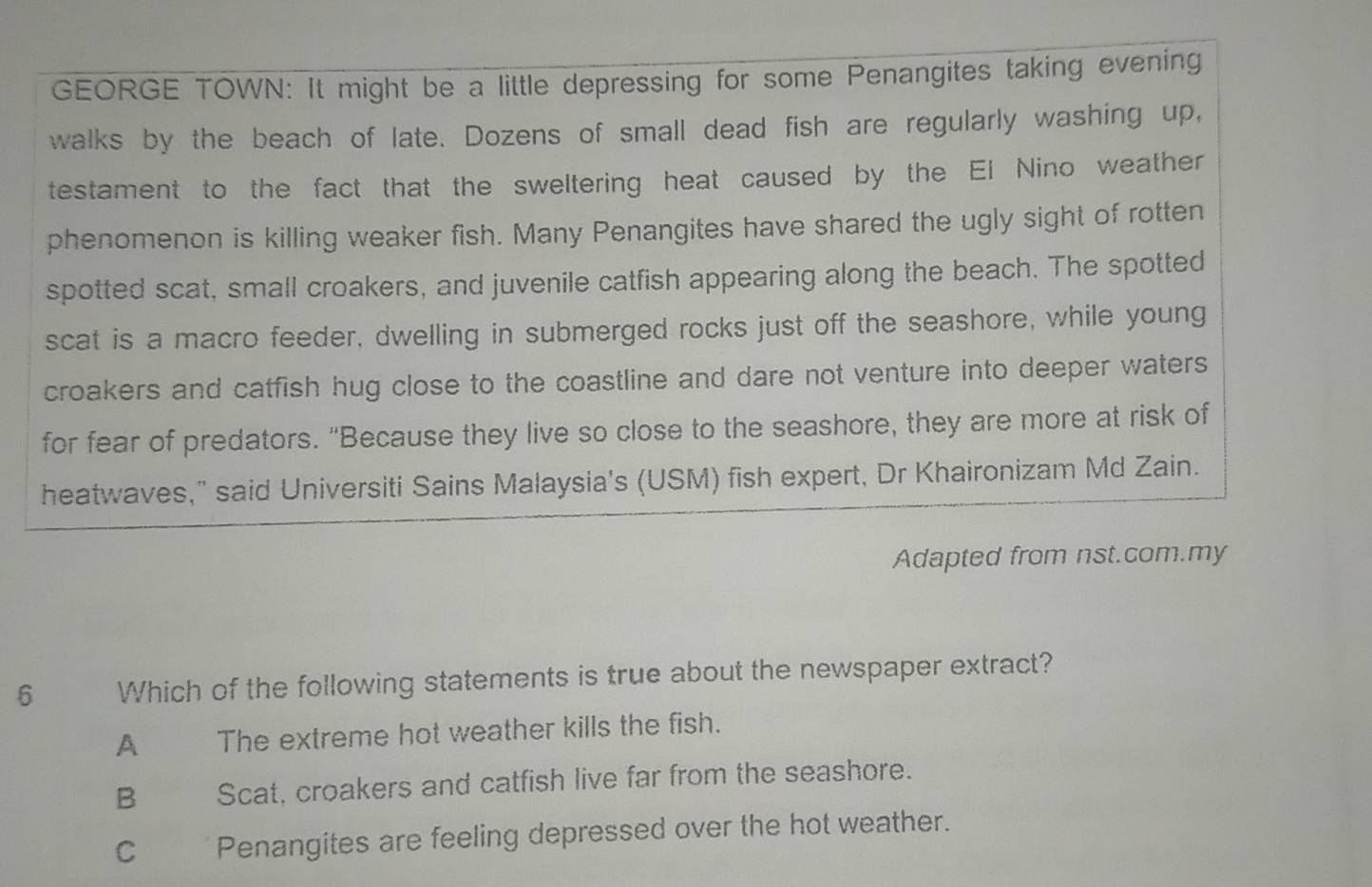 GEORGE TOWN: It might be a little depressing for some Penangites taking evening
walks by the beach of late. Dozens of small dead fish are regularly washing up,
testament to the fact that the sweltering heat caused by the El Nino weather
phenomenon is killing weaker fish. Many Penangites have shared the ugly sight of rotten
spotted scat, small croakers, and juvenile catfish appearing along the beach. The spotted
scat is a macro feeder, dwelling in submerged rocks just off the seashore, while young
croakers and catfish hug close to the coastline and dare not venture into deeper waters
for fear of predators. “Because they live so close to the seashore, they are more at risk of
heatwaves," said Universiti Sains Malaysia's (USM) fish expert, Dr Khaironizam Md Zain.
Adapted from nst.com.my
6 Which of the following statements is true about the newspaper extract?
A The extreme hot weather kills the fish.
B Scat, croakers and catfish live far from the seashore.
C Penangites are feeling depressed over the hot weather.