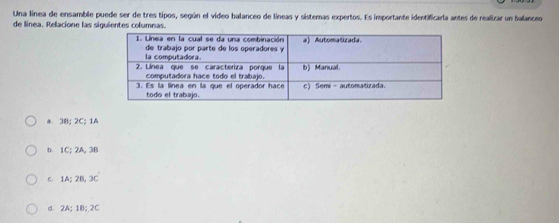 Una línea de ensamble puede ser de tres tipos, según el video balanceo de líneas y sistemas expertos. Es importante identificarla antes de realizar un balanceo
de línea. Relacione las siguientes columnas.
a. 3B; 2C; 1A
b. 1C; 2A, 3B
c. 1A; 2B, 3C
d. 2A; 1B; 2C