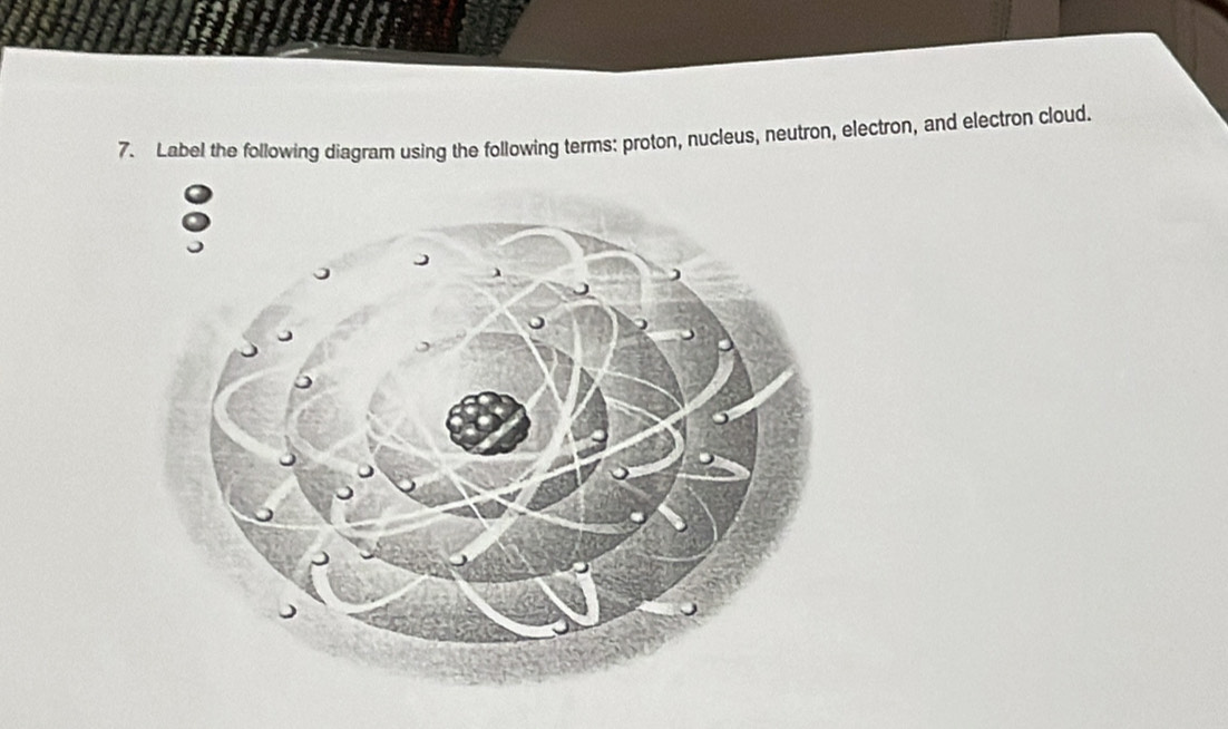 Label the following diagram using the following terms: proton, nucleus, neutron, electron, and electron cloud.