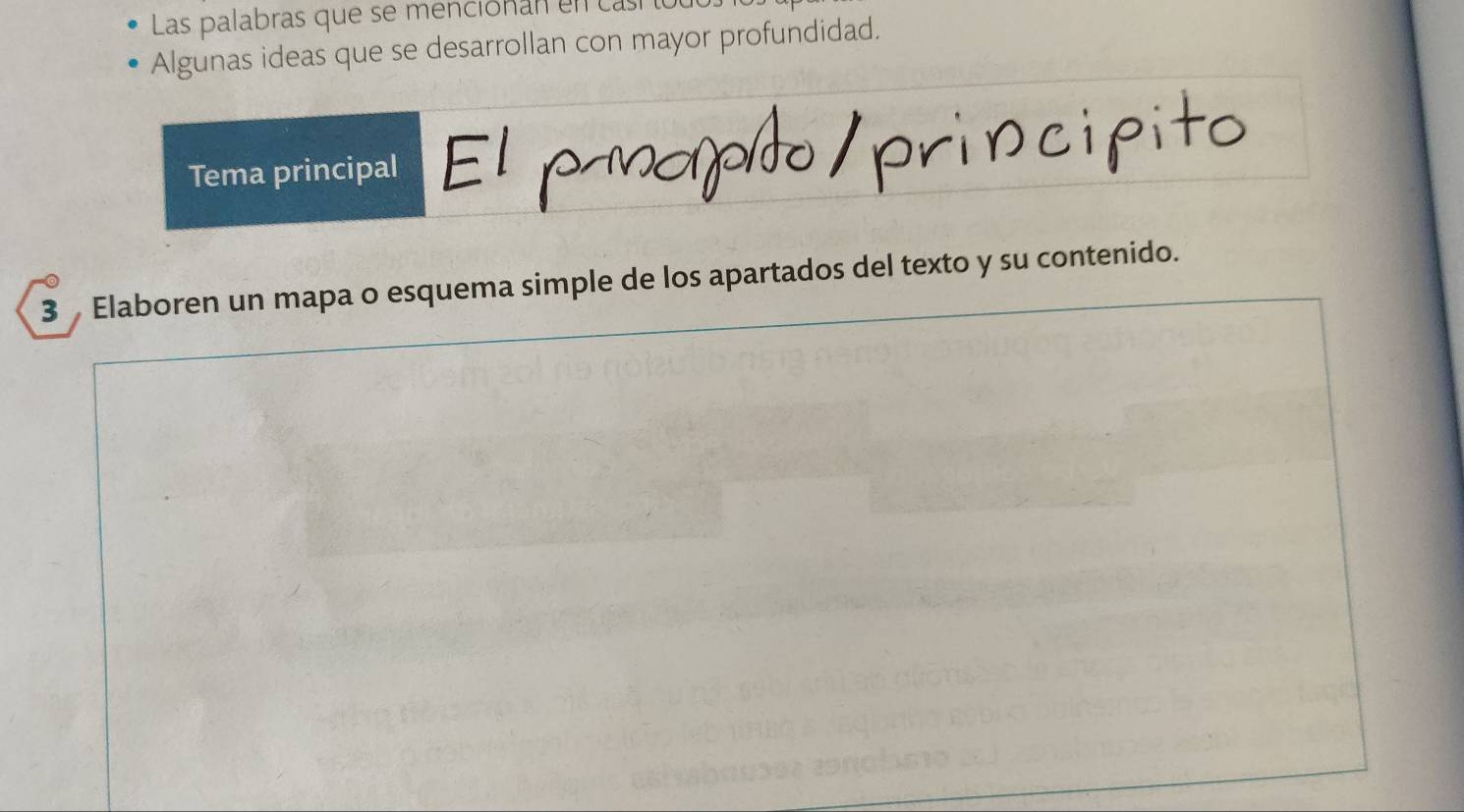 Las palabras que se menciónan en casí 
Algunas ideas que se desarrollan con mayor profundidad. 
Tema principal El pnapão/principito 
3 Elaboren un mapa o esquema simple de los apartados del texto y su contenido.