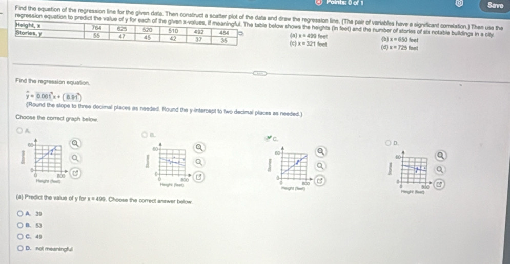 Points: 0) of 1 Save
Find the equation of the regression line for the given data. Then construct a scatter plot of the data and draw the regression line. (The pair of variables have a significant correlation.) Then use the
regression equation to predict the valbelow shows the heights (in feet) and the number of stories of six notable buildings in a city.
x=499foot x=650feet
(a)
(b)
(c) x=321feet (d) x=725feet
Find the regression equation.
widehat y=0.061^7x+(8.91)
(Round the slope to three decimal places as needed. Round the y-intercept to two decimal places as needed.)
Choose the correct graph below.
A.
B.
c.
D.
60
60
60
I
0
0
3
800 800
0
Height not Height (leet) Height (feet) 800 a
0
(a) Predict the value of y for x=499. Choose the correct answer below,
A. 39
B. 53
C. 49
D. not meaningful