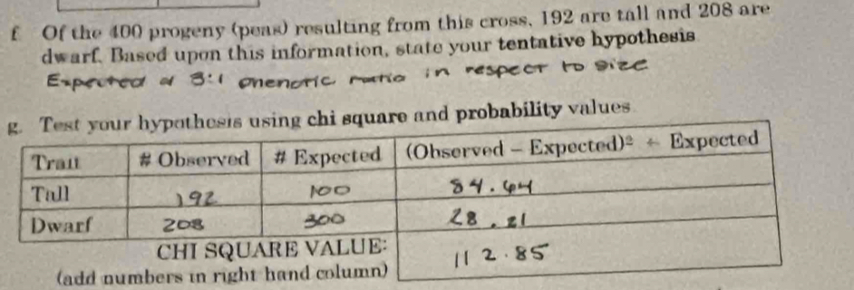 Of the 400 progeny (peas) resulting from this cross, 192 are tall and 208 are 
dwarf. Based upon this information, state your tentative hypothesis 
quare and probability values