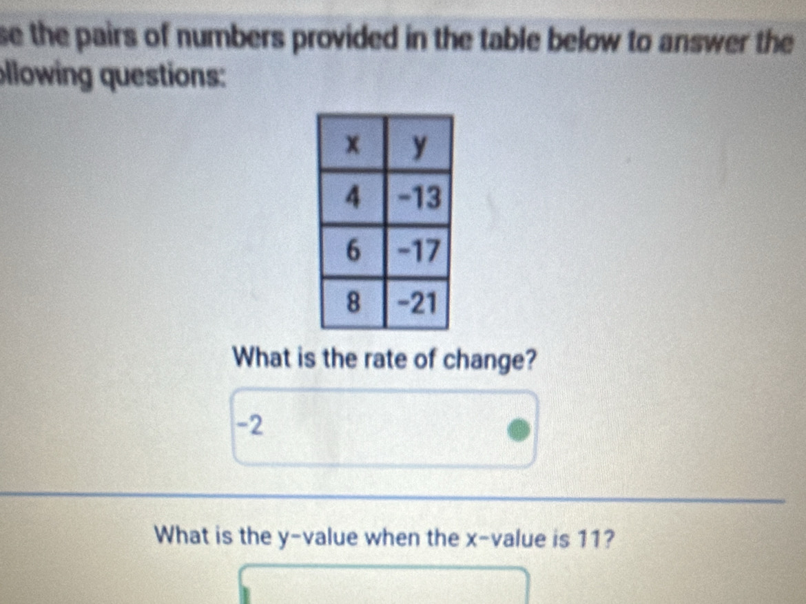 se the pairs of numbers provided in the table below to answer the 
llowing questions: 
What is the rate of change?
-2
What is the y -value when the x -value is 11?