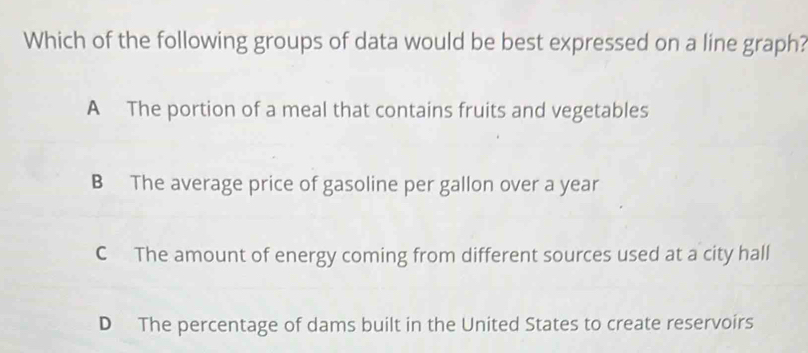 Which of the following groups of data would be best expressed on a line graph?
A The portion of a meal that contains fruits and vegetables
B The average price of gasoline per gallon over a year
C The amount of energy coming from different sources used at a city hall
D The percentage of dams built in the United States to create reservoirs