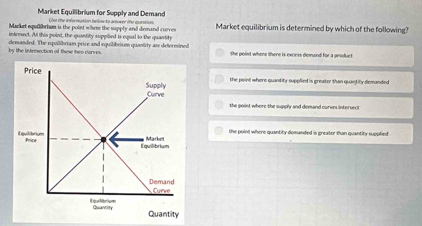 Market Equilibrium for Supply and Demand
Use the information below to answer the question.
Market equilibrium is the point where the supply and demand curves Market equilibrium is determined by which of the following?
intersect. At this point, the quantity supplied is equal to the quantity
demanded. The equilibrium price and equilibrium quantity are determined
by the intersection of these two curves. the point where there is excess demand for a product
the point where quantity supplied is greater than quantity demanded
the point where the supply and demand curves intersect
the point where quantity demanded is greater than quantity supplied