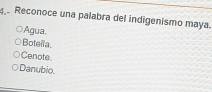 Reconoce una palabra del indigenismo maya.
Água.
Boteñla.
Cenote
Danubio.