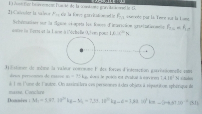 Justifier brièvement l'unité de la constante gravitationnelle G. exércice : 03 
2) Calculer la valeur F_f1 de la force gravitationnelle F_T/2 exercée par la Terre sur la Lune. 
Schématiser sur la figure ci-après les forces d'interaction gravitationnelle F_T/2 l_1/7
entre la Terre et la Lune à l'échelle 0,5cm pour 1,0.10^(20)N. 
3)Estimer de même la valeur commune F des forces d'interaction gravitationnelle entre 
deux personnes de masse m=75kg , dont le poids est évalué à environ 7.4.10^2N situées 
à I m l'une de l'autre. On assimilera ces personnes à des objets à répartition sphérique de 
masse. Conclure 
Données : M_T=5,97,10^(24)kg-M_L=7,35.10^(22)kg-d=3,80.10^3km-G=6,67.10^(-11)(5.1)