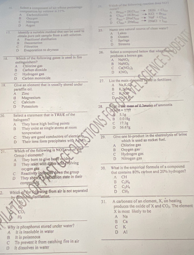 Select a component of air whose percentage 24 Which of the following reaction does NOT
composition by volume is 21%. occur? Dr_243+2KCl_(m)to 2KBr+Cl_243
A
A Carbondioxide
B Cl_2(a)+2KBr_(ac)to KCl+Br_2(s)
B Oxygen c F_2(a)+2NaCl_(ac)to NaF+Cl_2(a)
C Nitrogen D Cl_2(n)+2NaI_(ne) 2NaCl+I_2n
D Argon
I7. Identify a suitable method that can be used to 25. Name one natural source of clean water?
obtain pure salt sample from a salt solution. A Lakes
A Fractional distillation B Oceans
B Decantation C Springs
C Filtration D Streams
D Evaporation to dryness
26. Select a compound below that when
18. Which of the following gases is used in fire produces a brown gas.
A NaNO_2
extinguishers?
B NaNO_3
A Chlorine gas
B Carbon dioxide
C Ca(NO_3)_2
C Hydrogen gas
D KNO_3
D Carbón monoxide
19. Give an element that is usually stored under 27. List the main elements found in fertilizers
A Na,K,Ga
paraffin oil. B K,N;Mg
A Zinc C K,N,P
B Magnesium D N=
C Calcium
D Potassium 28. What is the mass of 0.3 moles of ammonia
(RM M=17)?
20. Select a statement that is TRUE of the 5.1g
~ 
halogens? B 0.018g
A They have high boiling points C 17.3g
B They exist as single atoms at room D 56.67g
temperature
C They are good conductors of electricity
D Their ions form precipitates with AgNO 29. Give one bi-product in the electrolysis of brine
which is used as rocket fuel.
A Chlorine gas
21. Which of the following is NOT true of the B Oxygen gas
Group I elements? C Hydrogen gas
A They burn to give basic oxides D Nitrogen gas
B They react with dilute acid evolving
oxygen gas 30. What is the empirical formula of a compound
C Reactivity increases down the group that contains 80% carbon and 20% hydrogen?
D They show a + Toxidation state in their A CH
compounds B C_2H_6
C C_2H_4
2. Which of the following from air is not separated D CH_3
by factional distillation
N_2 31. A carbonate of an element, X, on heating
Q_2
produces the oxide of X and CO_2. The element
CO_2 X is most likely to be
H_2 A Na
B Ca
Why is phosphorus stored under water? C K
A It is insoluble in water D Al
B It is poisonous
C To prevent it from catching fire in air
D It dissolves in water