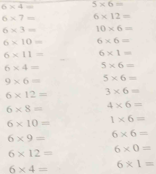 6* 4=
5* 6=
6* 7=
6* 12=
6* 3=
10* 6=
6* 10=
6* 6=
6* 11=
6* 1=
6* 4=
5* 6=
9* 6=
5* 6=
6* 12=
3* 6=
6* 8=
4* 6=
6* 10=
1* 6=
6* 9=
6* 6=
6* 12=
6* 0=
6* 4=
6* 1=