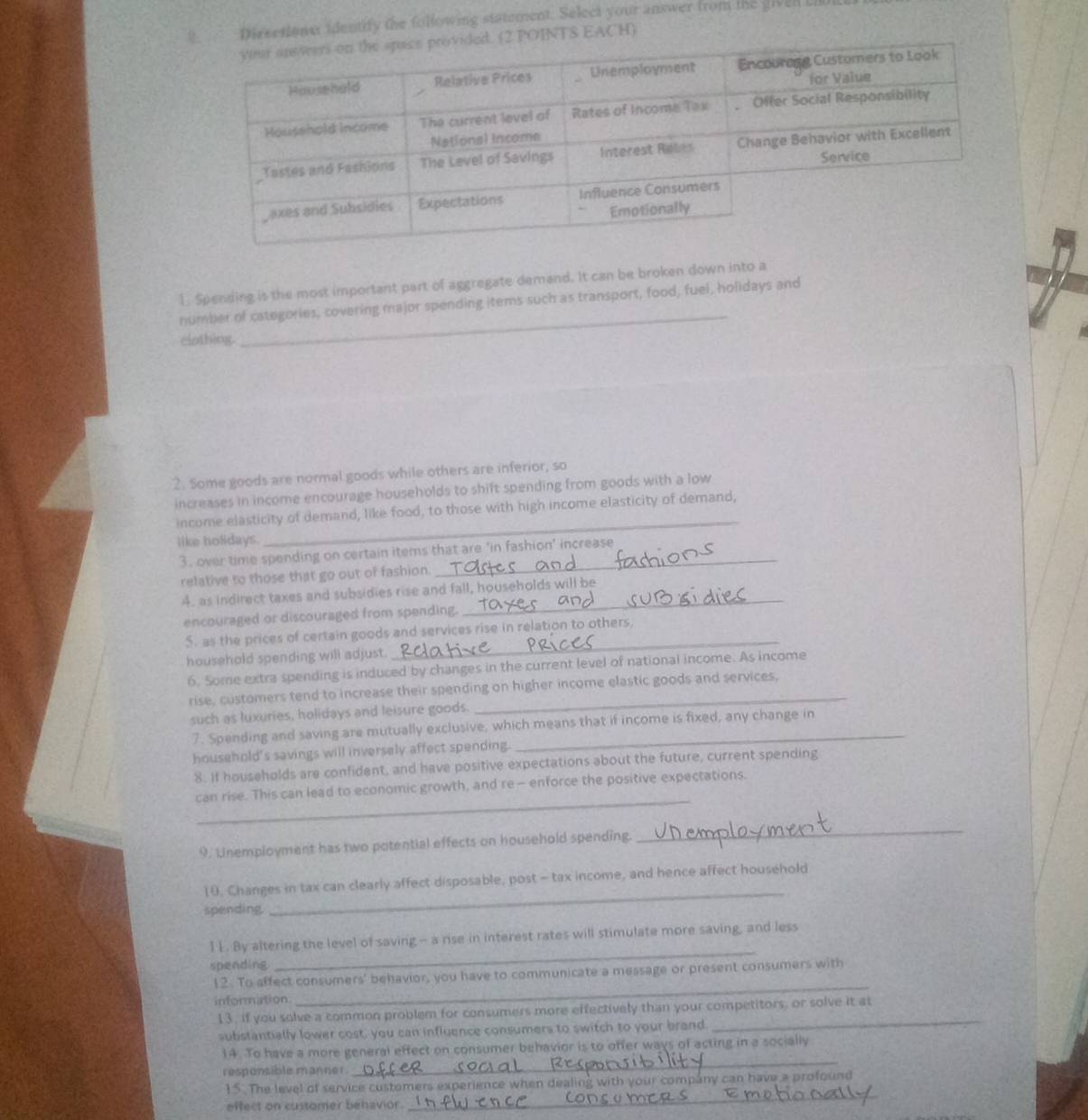 rsctioner identify the following statement. Select your answer from the given l 
EACH) 
_ 
1. Spending is the most important part of aggregate demand. It can be broken down into a 
number of categories, covering major spending items such as transport, food, fuel, holidays and 
clothing. 
2. Some goods are normal goods while others are inferior, so 
increases in income encourage households to shift spending from goods with a low 
_ 
income elasticity of demand, like food, to those with high income elasticity of demand, 
like holidays. 
_ 
3. over time spending on certain items that are 'in fashion' increase 
relative to those that go out of fashion. 
4. as indirect taxes and subsidies rise and fall, households will be 
encouraged or discouraged from spending. 
_ 
$. as the prices of certain goods and services rise in relation to others 
household spending will adjust. 
_ 
6. Some extra spending is induced by changes in the current level of national income. As income 
rise, customers tend to increase their spending on higher income elastic goods and services, 
such as luxuries, holidays and leisure goods. 
7. Spending and saving are mutually exclusive, which means that if income is fixed, any change in 
household's savings will inversely affect spending. 
8. If households are confident, and have positive expectations about the future, current spending 
_ 
can rise. This can lead to economic growth, and re- enforce the positive expectations. 
9. Unemployment has two potential effects on household spending. 
_ 
10, Changes in tax can clearly affect disposable, post - tax income, and hence affect household 
spending. 
_ 
1 1 . By altering the level of saving - a rise in interest rates will stimulate more saving, and less 
spending 
_ 
_ 
12. To affect consumers' behavior, you have to communicate a message or present consumers with 
information 
_ 
13. if you solve a common problem for consumers more effectively than your competitors, or solve it at 
substantially lower cost, you can influence consumers to switch to your brand 
_ 
14. To have a more general effect on consumer behavior is to offer ways of acting in a socially 
responsible manner 
_ 
15. The level of service customers experience when dealing with your company can have a profound 
effect on customer behavior.