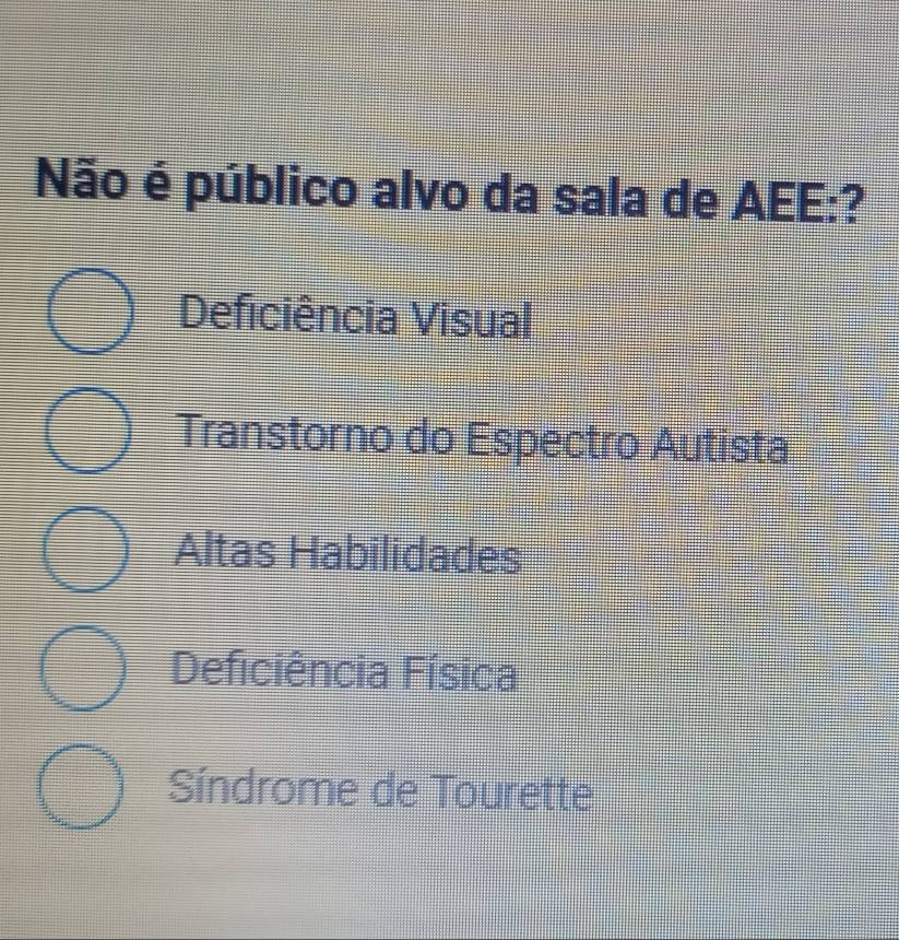 Não é público alvo da sala de AEE:?
Deficiência Visual
Transtorno do Espectro Autista
Altas Habilidades
Deficiência Física
Síndrome de Tourette