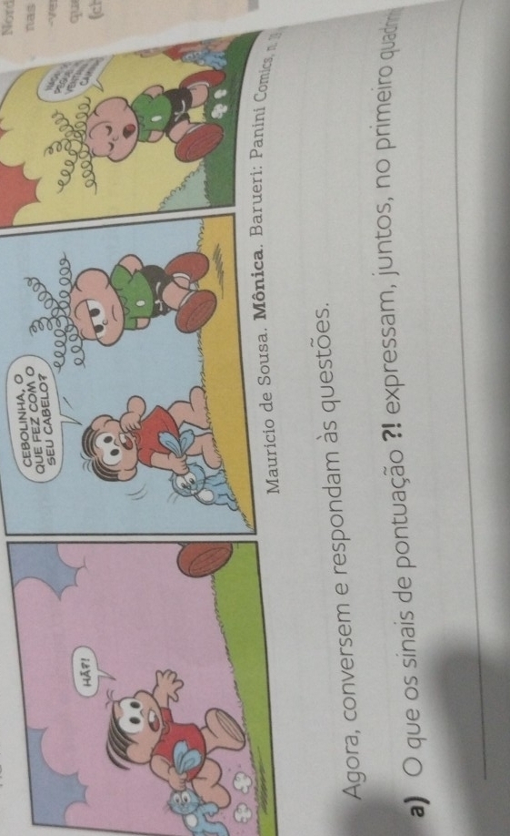 Nord 
nas 
V 
qui 
(ch 
Agora, conversem e respondam às questões. 
) O que os sinais de pontuação ?! expressam, juntos, no primeiro quadrm 
_