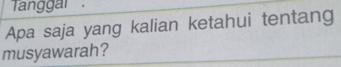 Tanggar 
Apa saja yang kalian ketahui tentang 
musyawarah?