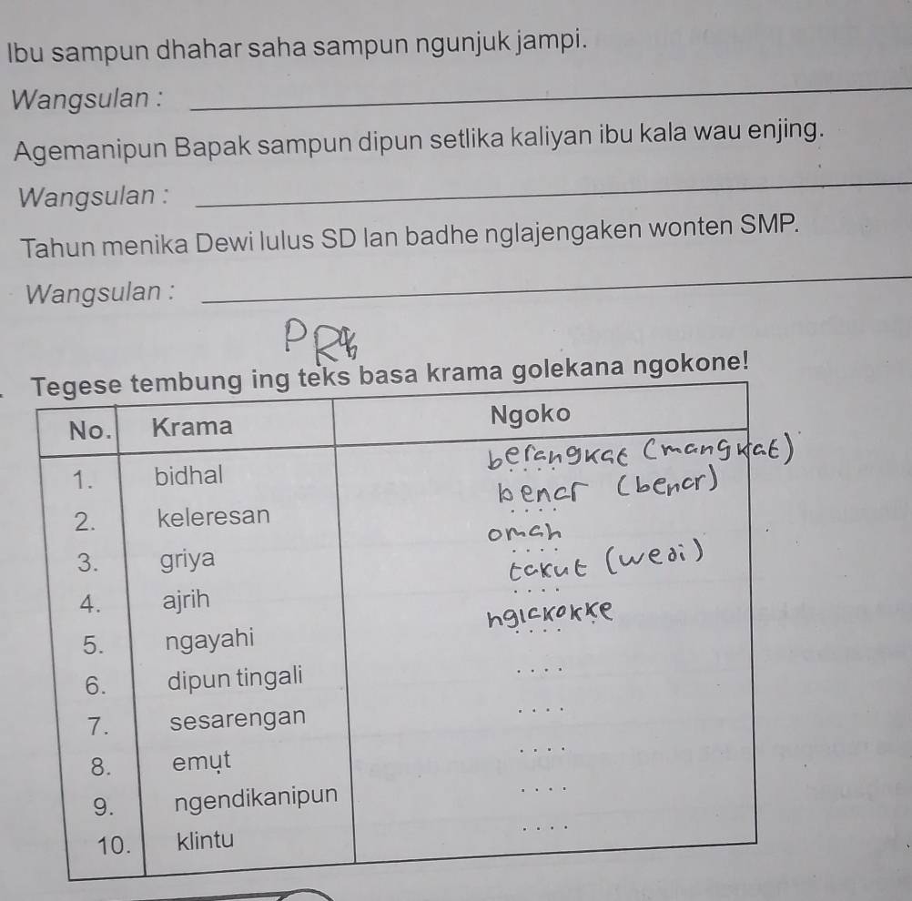 Ibu sampun dhahar saha sampun ngunjuk jampi. 
Wangsulan : 
_ 
Agemanipun Bapak sampun dipun setlika kaliyan ibu kala wau enjing. 
Wangsulan : 
_ 
Tahun menika Dewi lulus SD lan badhe nglajengaken wonten SMP. 
Wangsulan : 
_ 
ne!