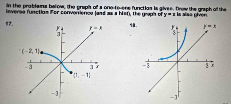 in the problems below, the graph of a one-to-one function is given. Draw the graph of the
inverse function For convenience (and as a hint), the graph of y=x is also given.
17.18.