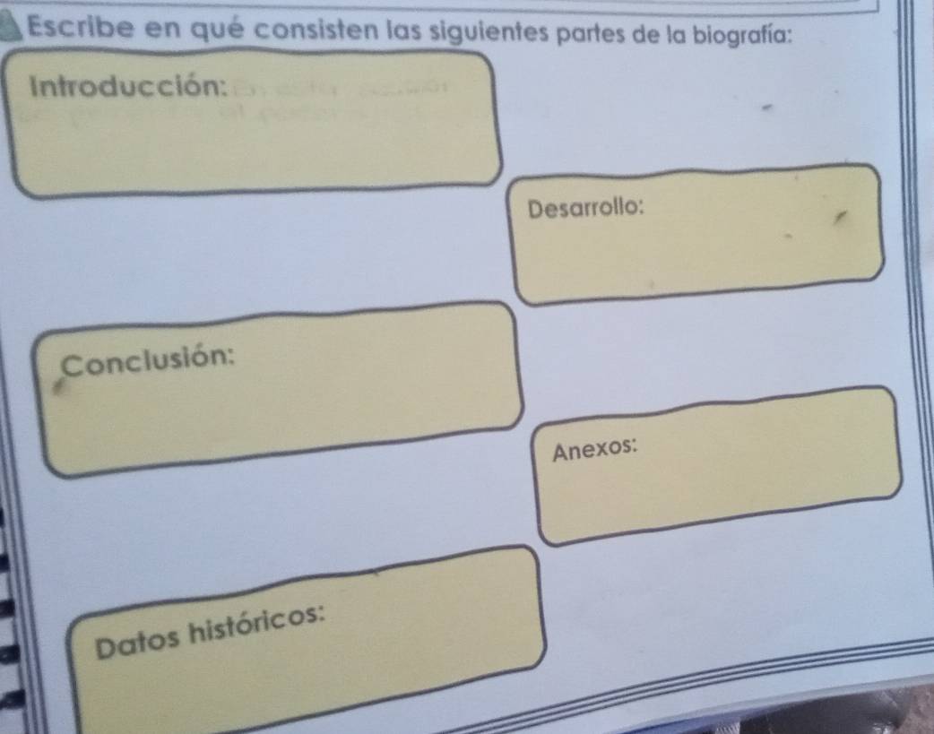 Escribe en qué consisten las siguientes partes de la biografía: 
Introducción: 
Desarrollo: 
Conclusión: 
Anexos: 
Datos históricos: