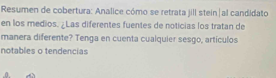 Resumen de cobertura: Analice cómo se retrata jill stein|al candidato 
en los medios. ¿Las diferentes fuentes de noticias los tratan de 
manera diferente? Tenga en cuenta cualquier sesgo, artículos 
notables o tendencias