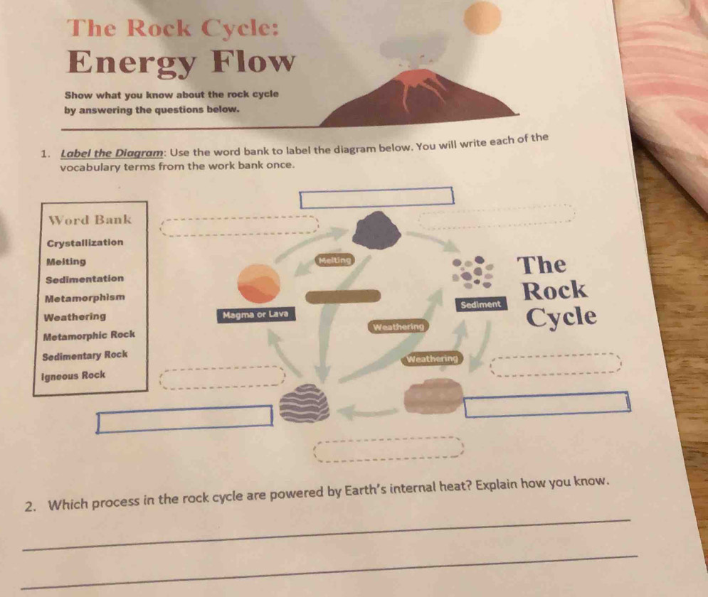 The Rock Cycle: 
Energy Flow 
Show what you know about the rock cycle 
by answering the questions below. 
1. Label the Diagram: Use the word bank to label the diagram below. You will write each of the 
vocabulary terms from the work bank once. 
Word Bank 
Crystallization 
Meiting eltin 
Sedimentation The 
Metamorphism 
Weathering Magma or Lava Sediment Rock 
Metamorphic Rock Weathering Cycle 
Sedimentary Rock 
Weathering 
Igneous Rock 
_ 
2. Which process in the rock cycle are powered by Earth's internal heat? Explain how you know. 
_