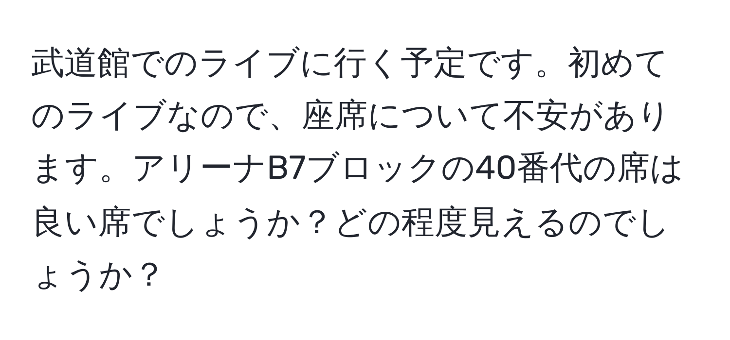 武道館でのライブに行く予定です。初めてのライブなので、座席について不安があります。アリーナB7ブロックの40番代の席は良い席でしょうか？どの程度見えるのでしょうか？