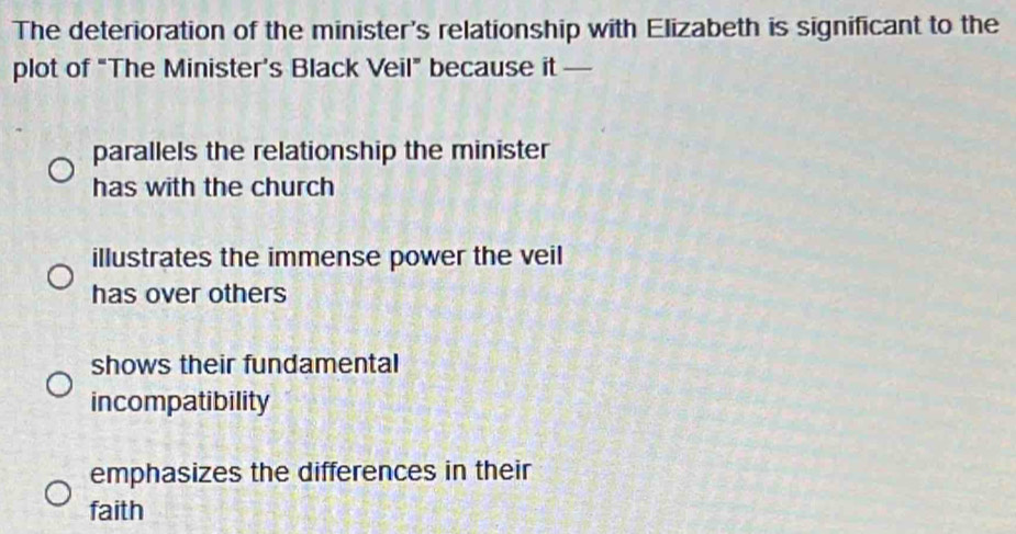 The deterioration of the minister's relationship with Elizabeth is significant to the
plot of “The Minister’s Black Veil” because it —
parallels the relationship the minister
has with the church
illustrates the immense power the veil
has over others
shows their fundamental
incompatibility
emphasizes the differences in their
faith