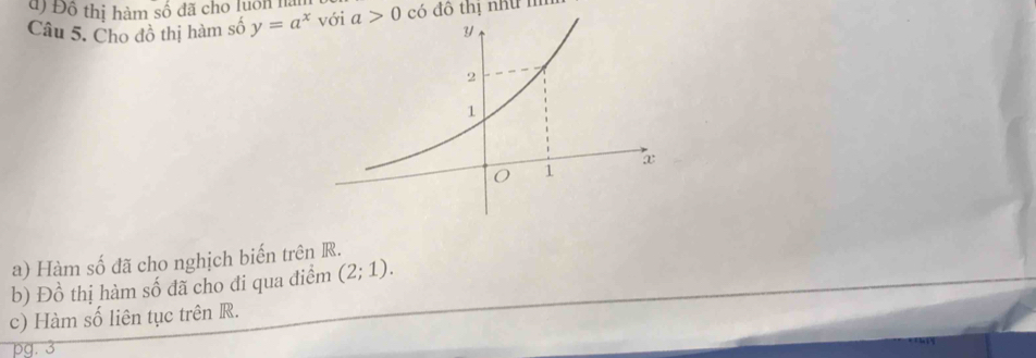 Đ Đỗ thị hàm số đã cho luôn nàn 
Câu 5. Cho đồ thị hàm số y=a^x a>0 có đô thị như m 
a) Hàm số đã cho nghịch biến trên R. 
b) Đồ thị hàm số đã cho đi qua điểm (2;1). 
c) Hàm số liên tục trên R. 
pg. 3