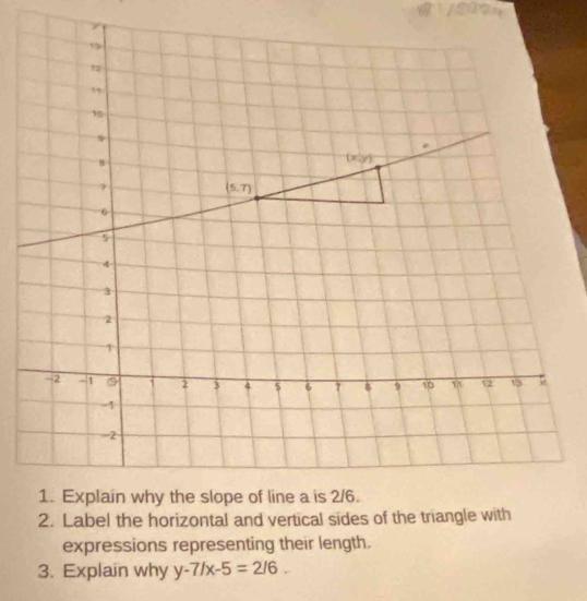 expressions representing their length.
3. Explain why y-7/x-5=2/6.