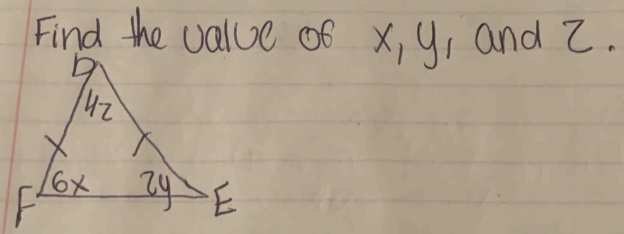 Find the value of x, y, and 2.