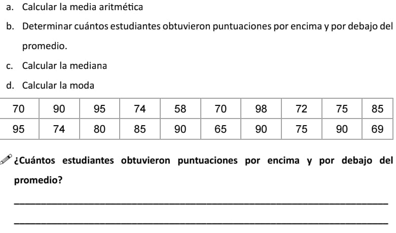 Calcular la media aritmética 
b. Determinar cuántos estudiantes obtuvieron puntuaciones por encima y por debajo del 
promedio. 
c. Calcular la mediana 
d. Calcular la moda 
¿Cuántos estudiantes obtuvieron puntuaciones por encima y por debajo del 
promedio? 
_ 
_