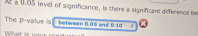 At a 0.05 level of significance, is there a significant difference be 
The p -value is between 0.05 and 0.10
What is your