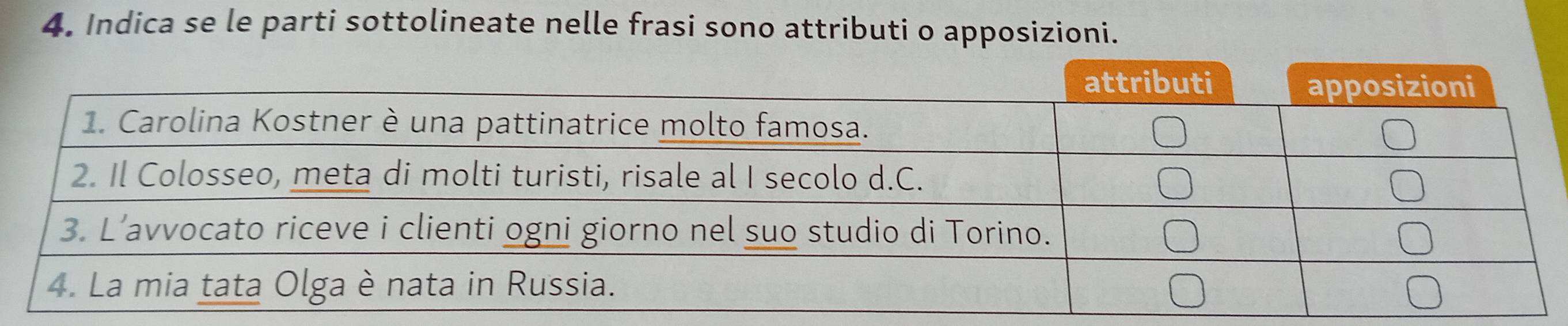 Indica se le parti sottolineate nelle frasi sono attributi o apposizioni.