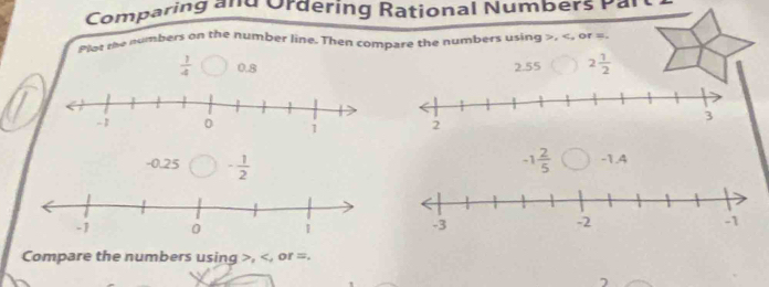 Comparing and Ordering Rational Numbers part 
Plot the numbers on the number line. Then compare the numbers using , , or =
 1/4  0.8 2.55 2 1/2 
-0.25 - 1/2  -1 2/5  -1.4
Compare the numbers using , , or =.