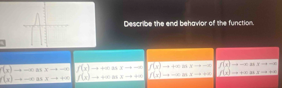 Describe the end behavior of the function.
f(x)to -∈fty asxto -∈fty f(x)to +∈fty as xto -∈fty f(x)to +∈fty asxto -∈fty f(x)to -∈fty asxto -∈fty
f(x)to -∈fty asxto +∈fty f(x)to +∈fty as xto +∈fty f(x)to -∈fty asxto +∈fty f(x)to +∈fty asxto +∈fty