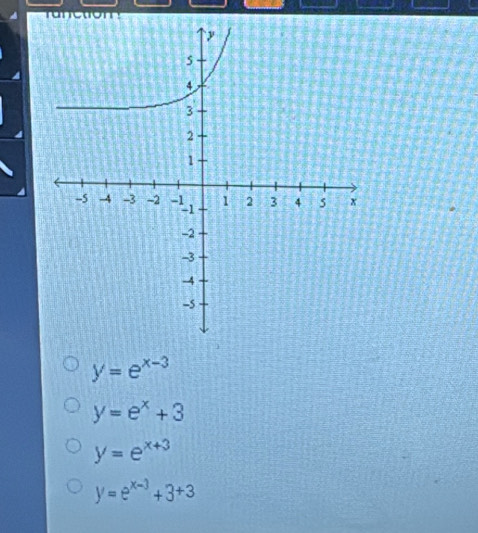 y=e^(x-3)
y=e^x+3
y=e^(x+3)
y=e^(x-3)+3+3