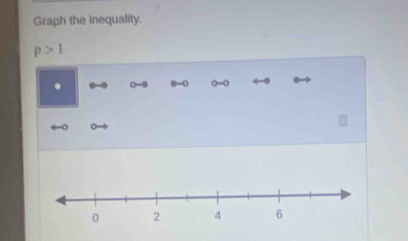 Graph the inequality.
p>1. 0 -0 @ -0 o=0
。