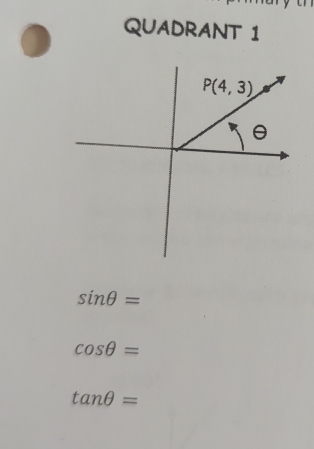 QUADRANT 1
sin θ =
cos θ =
tan θ =