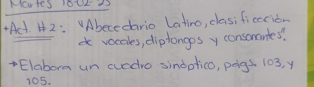 Martes 1002 25 
+Act. #2: VAbecedario Latiro, clasificacion 
de vocales, diptongos y consonantes'. 
Elabora un cuadro sinoptico, pags. 103, y
105.