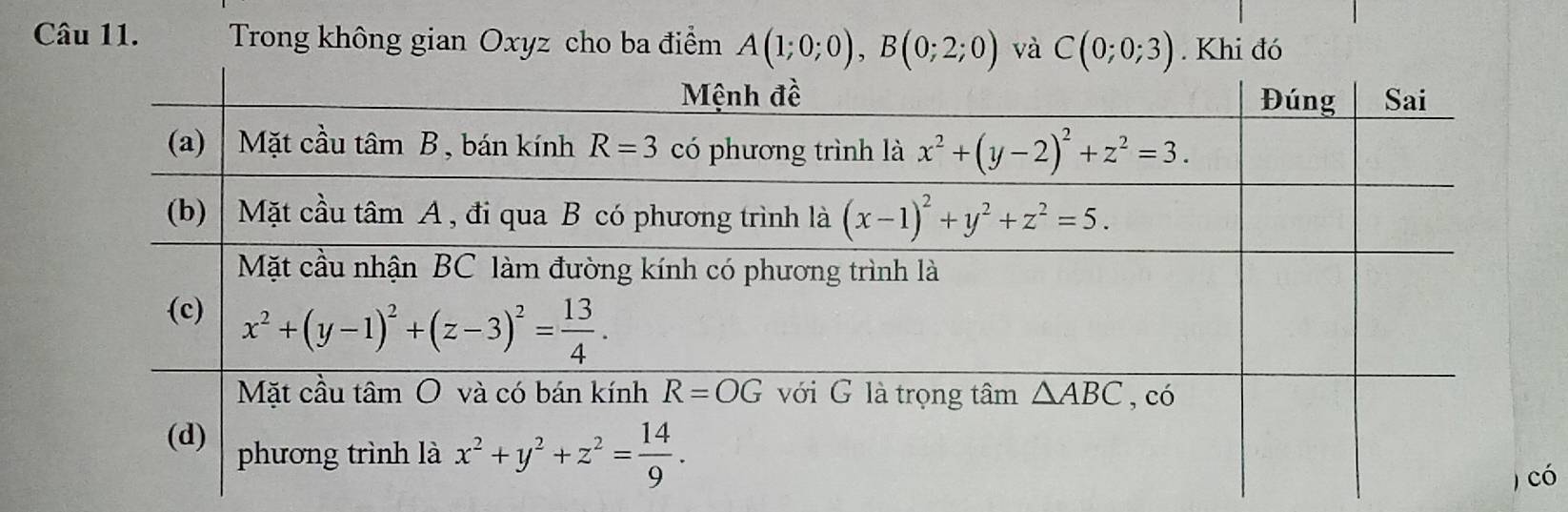 Trong không gian Oxyz cho ba điểm A(1;0;0),B(0;2;0) và C(0;0;3). Khi đó
ó