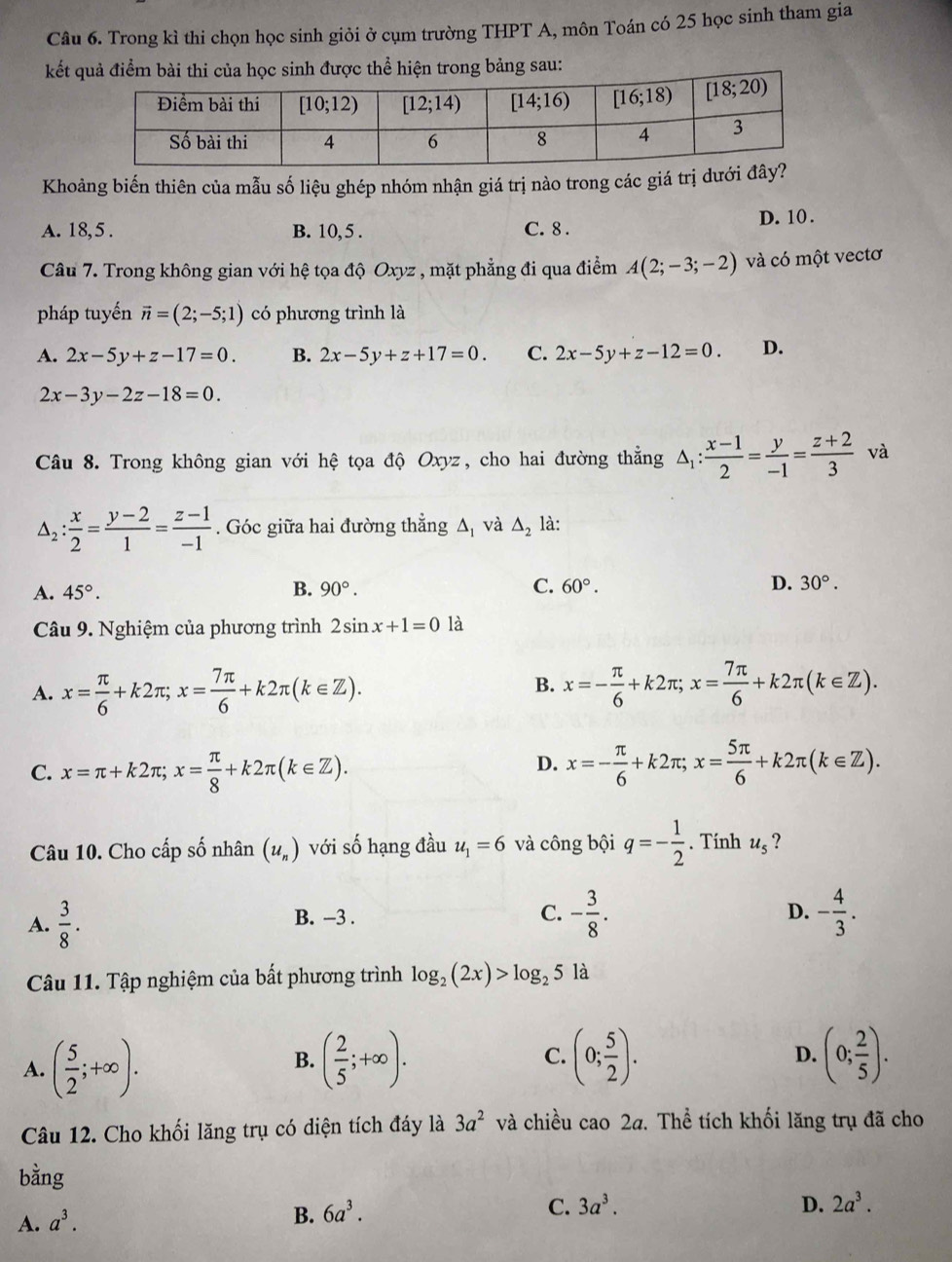 Trong kì thi chọn học sinh giỏi ở cụm trường THPT A, môn Toán có 25 học sinh tham gia
kết qh được thể hiện trong bảng sau:
Khoảng biến thiên của mẫu số liệu ghép nhóm nhận giá trị nào trong các giá trị dưới
A. 18,5 . B. 10, 5 . C. 8 . D. 10 .
Câu 7. Trong không gian với hệ tọa độ Oxyz , mặt phẳng đi qua điểm A(2;-3;-2) và có một vectơ
pháp tuyến vector n=(2;-5;1) có phương trình là
A. 2x-5y+z-17=0. B. 2x-5y+z+17=0. C. 2x-5y+z-12=0. D.
2x-3y-2z-18=0.
Câu 8. Trong không gian với hệ tọa độ Oxyz, cho hai đường thẳng △ _1: (x-1)/2 = y/-1 = (z+2)/3  và
△ _2: x/2 = (y-2)/1 = (z-1)/-1 . Góc giữa hai đường thẳng ∆ và △ _2 là:
B.
A. 45°. 90°. C. 60°. D. 30°.
Câu 9. Nghiệm của phương trình 2sin x+1=0 là
A. x= π /6 +k2π ;x= 7π /6 +k2π (k∈ Z). x=- π /6 +k2π ;x= 7π /6 +k2π (k∈ Z).
B.
D.
C. x=π +k2π ;x= π /8 +k2π (k∈ Z). x=- π /6 +k2π ;x= 5π /6 +k2π (k∈ Z).
Câu 10. Cho cấp số nhân (u_n) với số hạng đầu u_1=6 và công bội q=- 1/2 . Tính u_5 ?
D.
A.  3/8 . B. -3 . C. - 3/8 . - 4/3 .
Câu 11. Tập nghiệm của bất phương trình log _2(2x)>log _25 là
B.
A. ( 5/2 ;+∈fty ). ( 2/5 ;+∈fty ).
C. (0; 5/2 ). (0; 2/5 ).
D.
Câu 12. Cho khối lăng trụ có diện tích đáy là 3a^2 và chiều cao 2a. Thể tích khối lăng trụ đã cho
bằng
A. a^3.
B. 6a^3.
C. 3a^3. D. 2a^3.