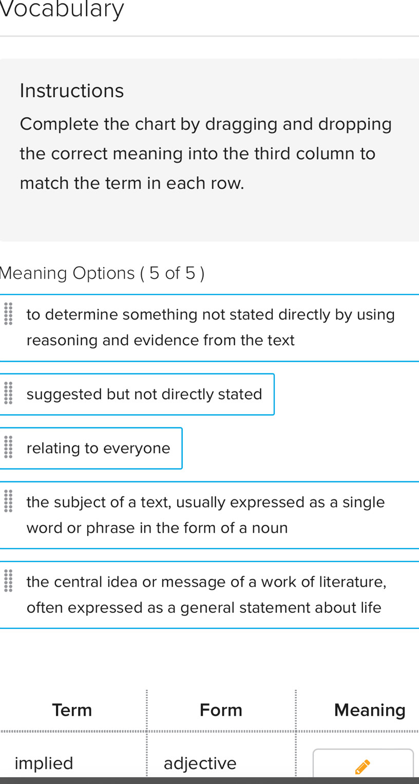 Vocabulary
Instructions
Complete the chart by dragging and dropping
the correct meaning into the third column to
match the term in each row.
Meaning Options ( 5 of 5 )
:: to determine something not stated directly by using 
reasoning and evidence from the text
38 suggested but not directly stated
relating to everyone
38 the subject of a text, usually expressed as a single
word or phrase in the form of a noun
:: the central idea or message of a work of literature,
often expressed as a general statement about life