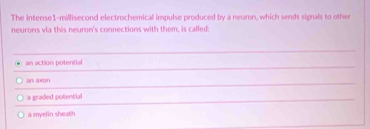 The intense1-millisecond electrochemical impulse produced by a neuron, which sends signals to other
neurons via this neuron's connections with them, is called:
an action potential
an axon
a graded potential
a myelin sheath