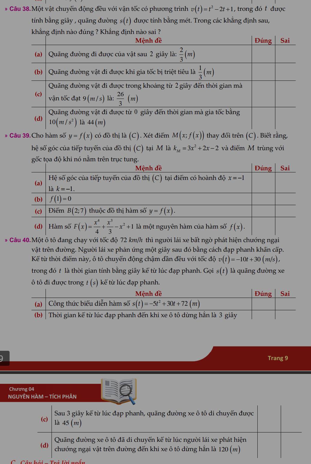 Câu 38.Một vật chuyển động đều với vận tốc có phương trình v(t)=t^2-2t+1 , trong đó t được
tính bằng giây , quãng đường s(t) được tính bằng mét. Trong các khẳng định sau,
» Câu 39. Cho hàm số y=f(x) có đồ thị là (C). Xét điểm M(x;f(x)) thay đổi trên (C). Biết rằng,
hệ số góc của tiếp tuyến của đồ thị (C) tại M là k_M=3x^2+2x-2 và điểm M trùng với
* Câu 40.Một ô tô đang chạy với tốc độ 72 km/h thì người lái xe bất ngờ phát hiện chướng ngại
vật trên đường. Người lái xe phản ứng một giây sau đó bằng cách đạp phanh khấn cấp.
Kể từ thời điểm này, ô tô chuyển động chậm đần đều với tốc độ v(t)=-10t+30(m/s),
trong đó t là thời gian tính bằng giây kể từ lúc đạp phanh. Gọi s(t) là quãng đường xe
ô tô đi được trong t(s kể từ lúc đạp phanh.
Trang 9
Chương 04
NGUYÊN HÀM - TÍCH PHÂN
Sau 3 giây kể từ lúc đạp phanh, quãng đường xe ô tô di chuyển được
(c) là 45(m)
(d)  Quãng đường xe ô tô đã di chuyển kể từ lúc người lái xe phát hiện
chướng ngại vật trên đường đến khi xe ô tô dừng hẳn là 120 (m)
Câu hải Trả lài noắ