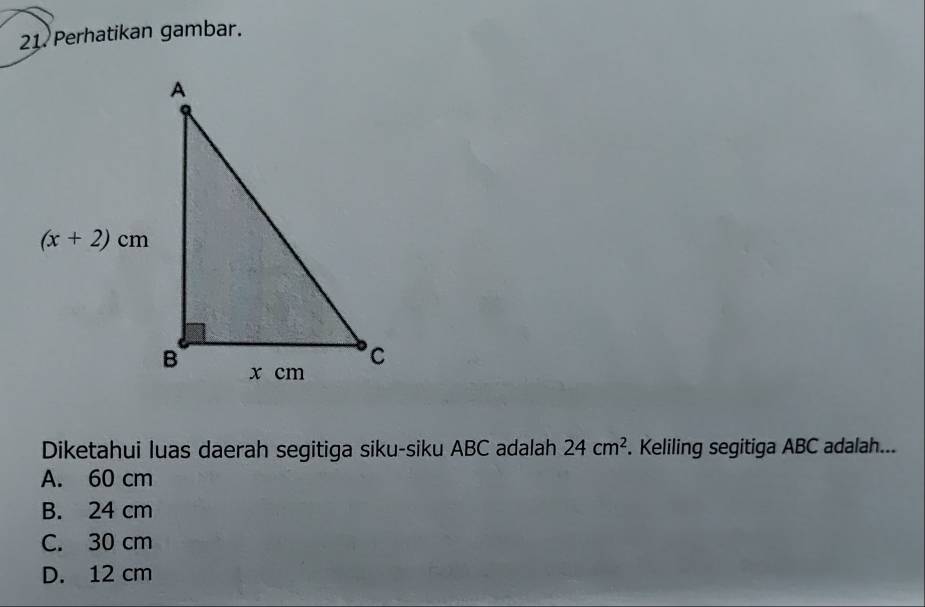 Perhatikan gambar.
Diketahui luas daerah segitiga siku-siku ABC adalah 24cm^2. Keliling segitiga ABC adalah...
A. 60 cm
B. 24 cm
C. 30 cm
D. 12 cm