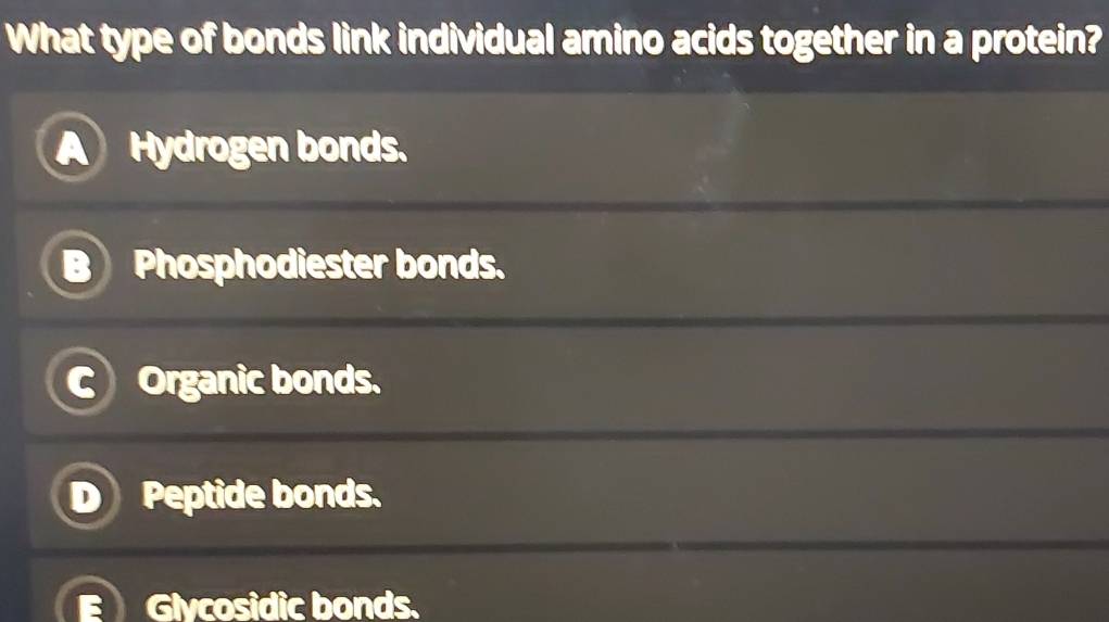 What type of bonds link individual amino acids together in a protein?
Hydrogen bonds.
Phosphodiester bonds.
Organic bonds.
Peptide bonds.
Glycosidic bonds.