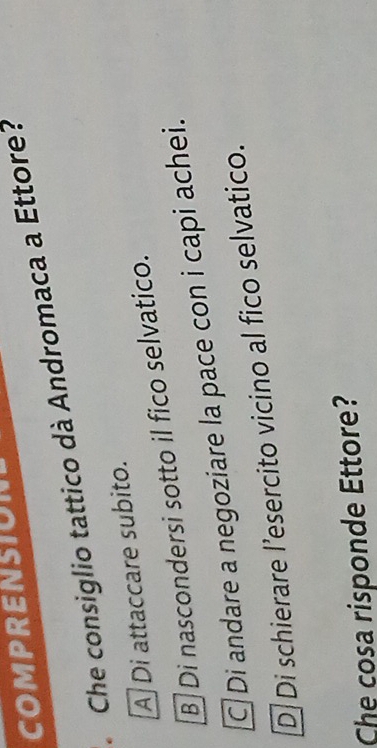 COMPRENSION
Che consiglio tattico dà Andromaca a Ettore?
A Di attaccare subito.
B Di nascondersi sotto il fico selvatico.
C|Di andare a negoziare la pace con i capi achei.
D Di schierare l’esercito vicino al fico selvatico.
Che cosa risponde Ettore?