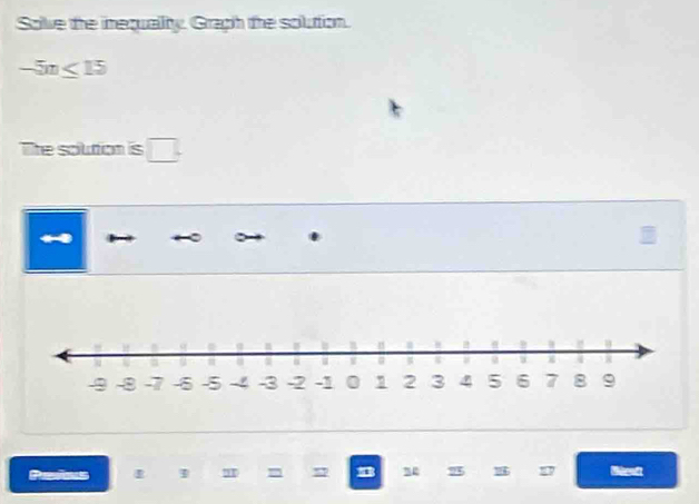 Solve the inequallty. Graph the solution.
-5m≤ 15
The soution is □ . 
Pains 1 u = a 25 Waut