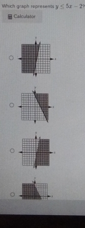 Which graph represents y≤ 5x-2
Calculator