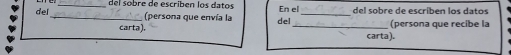 del _del sobre de escribén los datos En el_ del sobre de escriben los datos 
_(persona que envía la del 
carta). _carta). (persona que recibe la