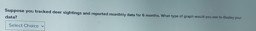 Suppose you tracked deer sightings and reported monthtly data for 6 months. What type of graph would you use to display your 
data? 
Select Choice