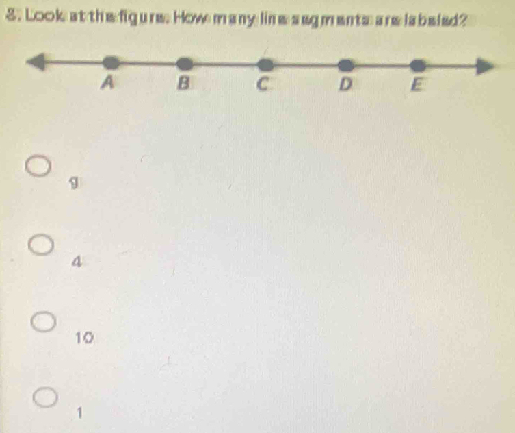 Solved: Look at thefigure. How many line segments arw labeled? g 4 10 1 ...
